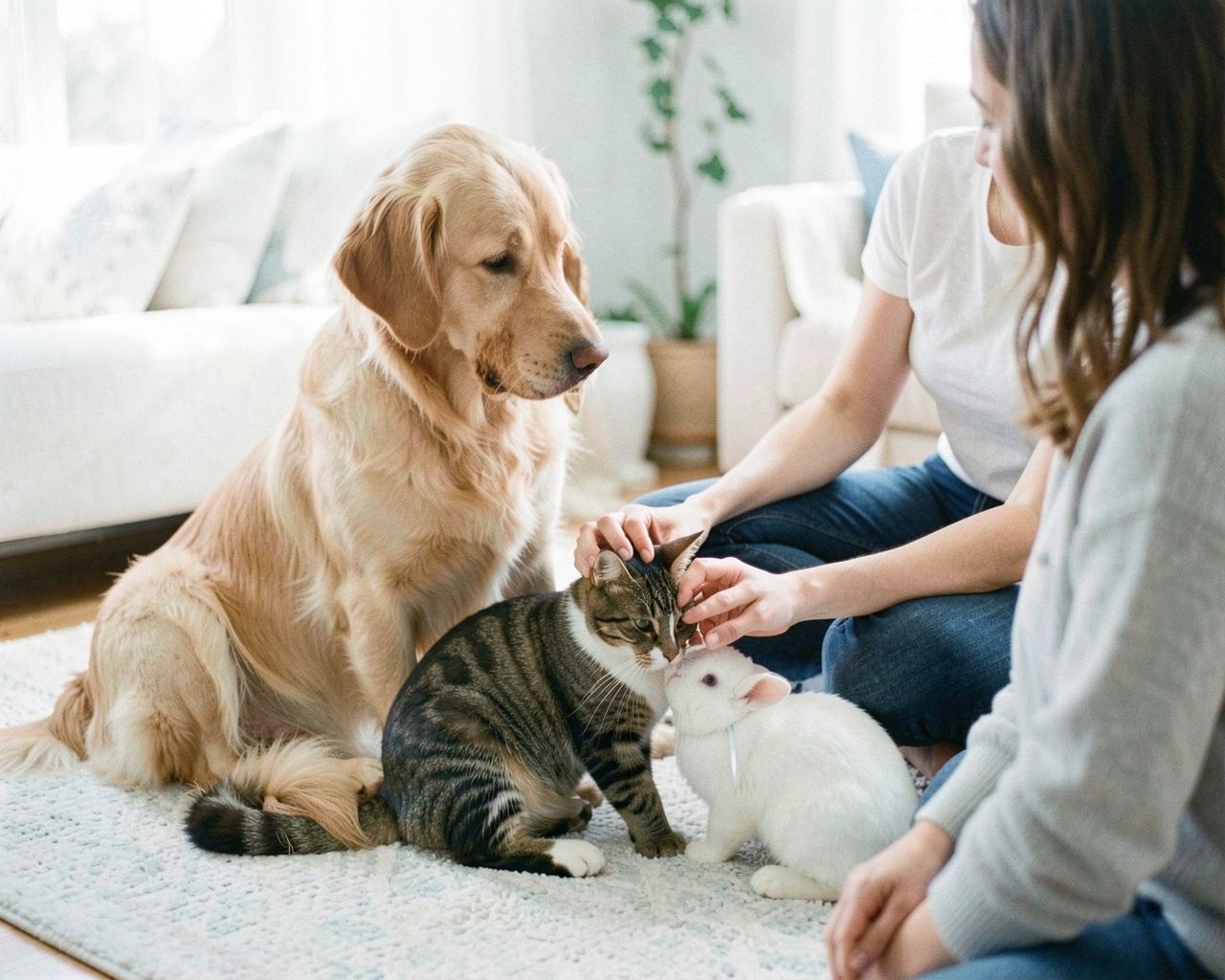 A pet parent at home with a golden retriever, a tabby cat and a white rabbit