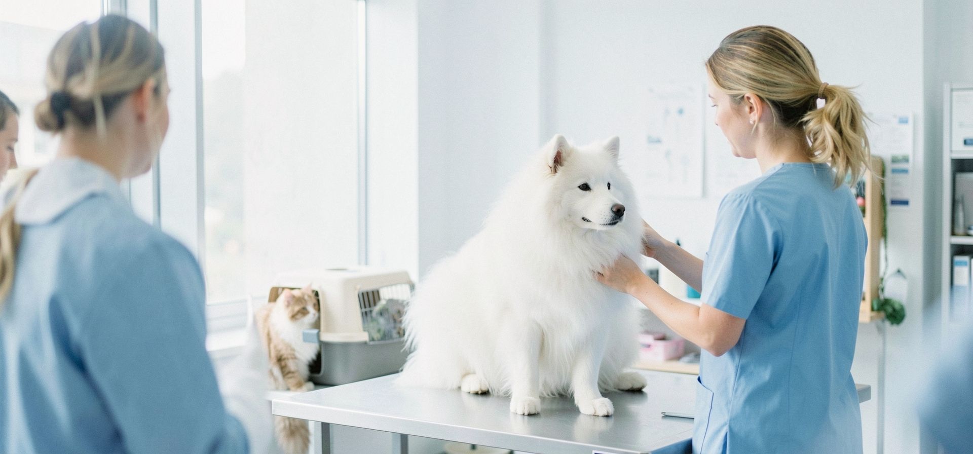 A veterinarian gently examining a fluffy white Samoyed in a bright clinic