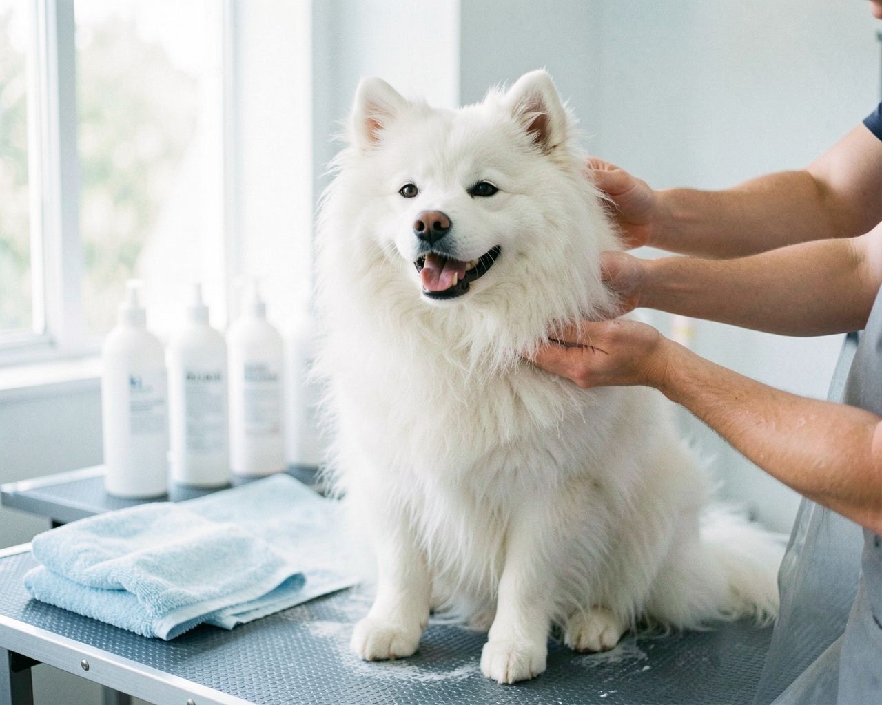 A groomer brushing the soft white coat of a happy Samoyed