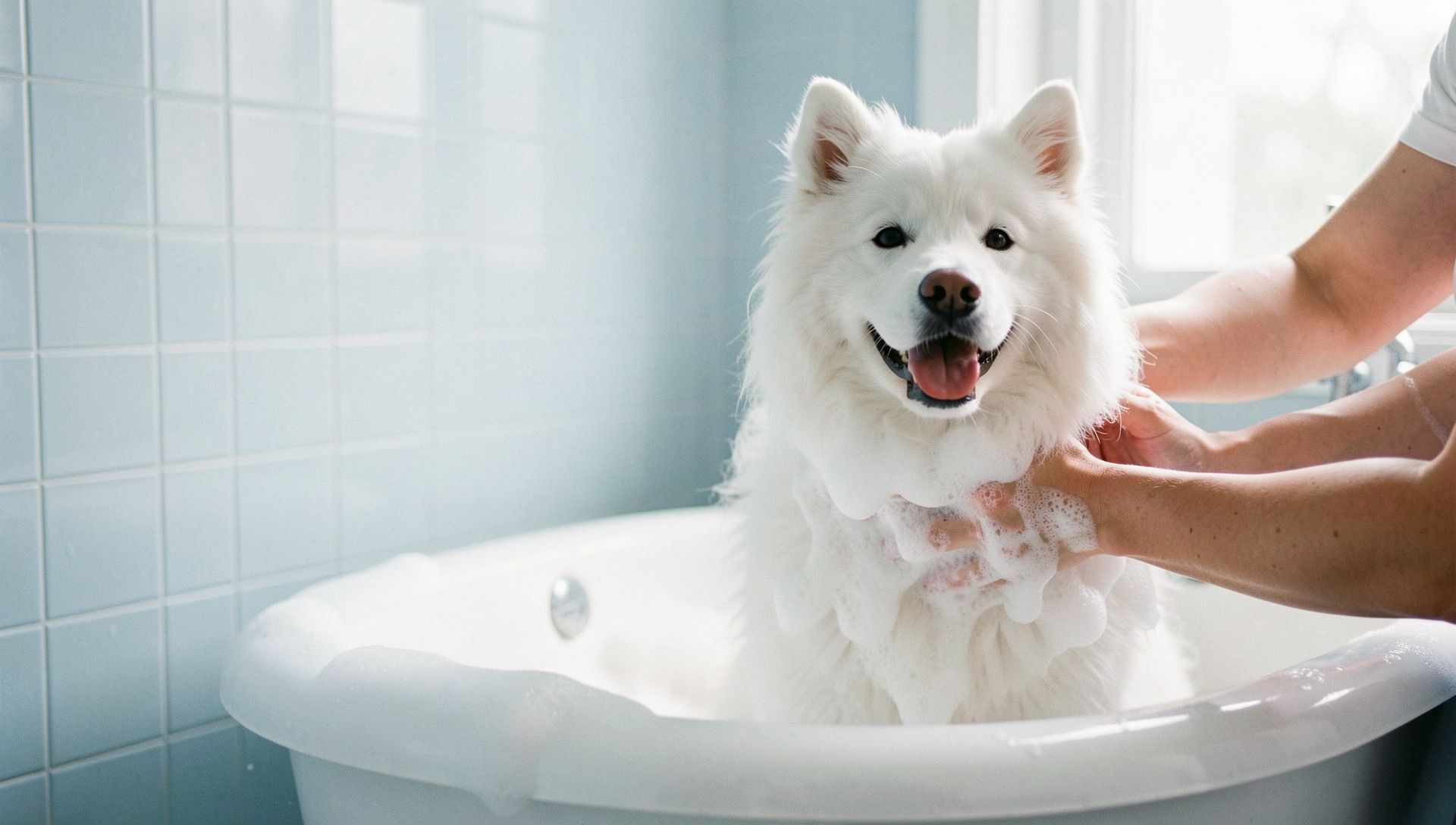 A fluffy white Samoyed being lathered with shampoo in a bathtub