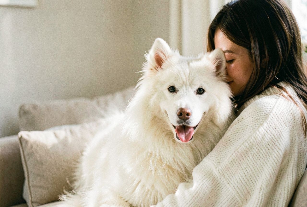 A pet parent hugging a smiling white Samoyed