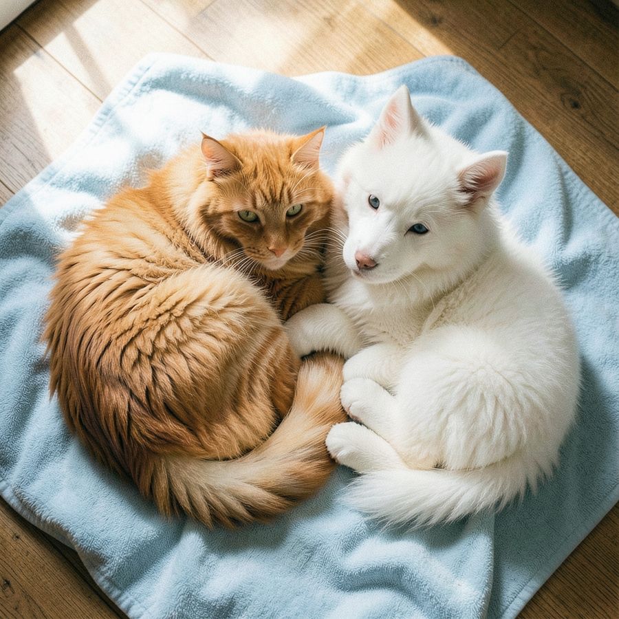 A ginger cat and a white puppy curled up together on a blue blanket